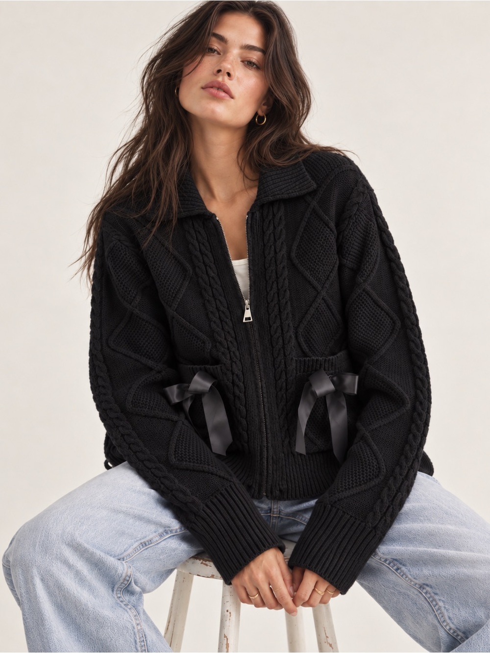 Black Cable-Knit Zip Front Sweater with Ribbon Detail